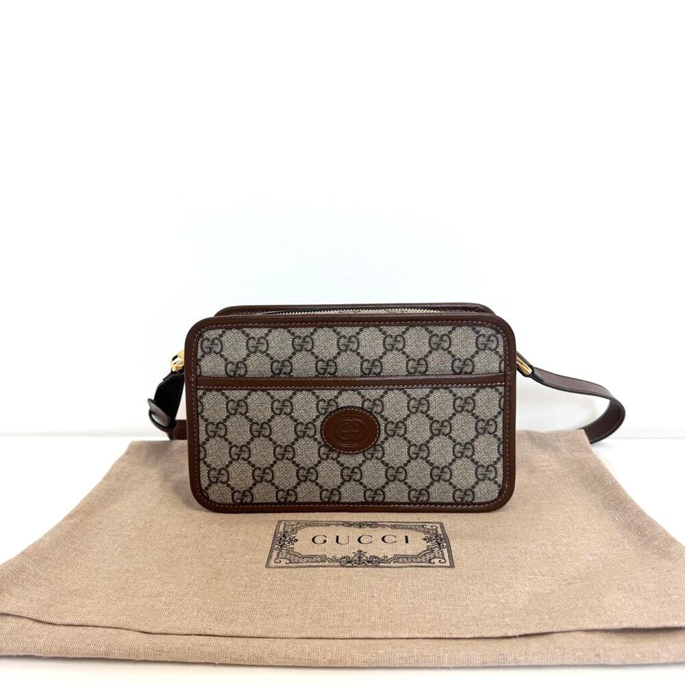GG Supreme Monogram Mini Messenger Crossbody Brown Leather Trim Logo Camera Bag